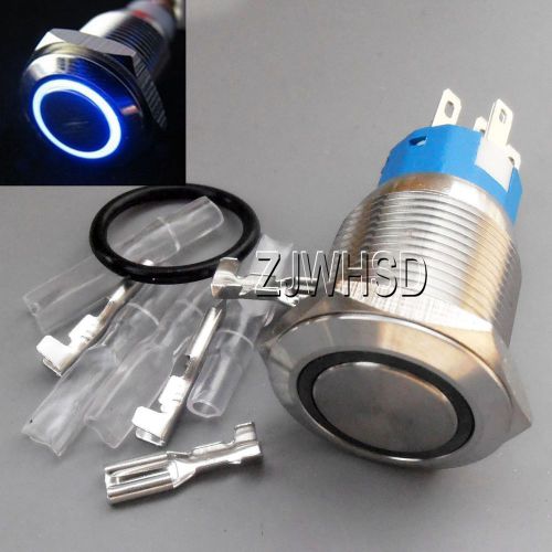 19mm 12V BLUE Led Angel Eye Push Button Metal ON-OFF Switch Connector O-ring