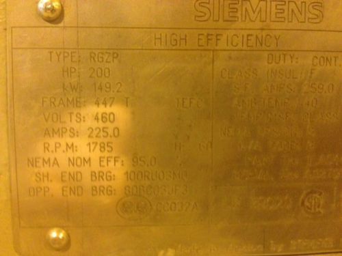 Siemens,200 hp electric motor, 1785 rpm, 447t frame,460 volt, premium efficiecy for sale