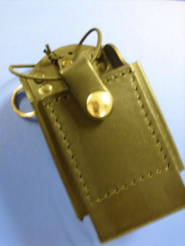 Radio holder with metal d clips on sides, adjustable strap leather construction for sale