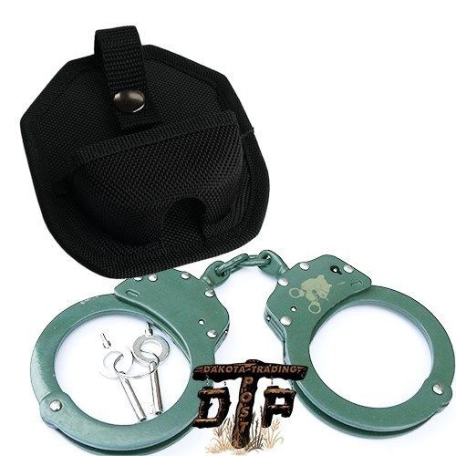 GREEN PLATED DOUBLE LOCK POLICE HANDCUFFS W/ KEYS AND CASE