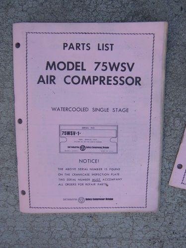 1970 Quincy Model 75WSV Water Cooled Single Stage Air Compressor Parts List R