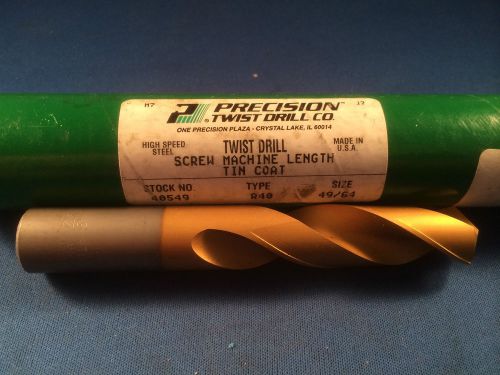 NIB Precision Twist Drill 49/64&#034; Screw Machine Length TIN Coated HSS Twist Drill