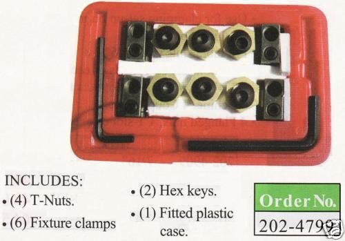 T-slot clamping kit 4 t- nuts 6 fixture clamps 2 keys 1/2 -13 5/8 slot for sale