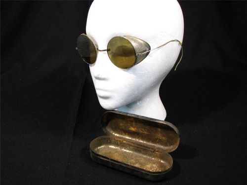 Vintage Antique Metal Frame Safety Glasses Green Tint Motorcycle Steampunk Case