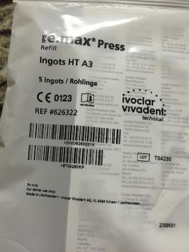 Ivoclar emax press ingots emax HT A3 - REF # 626322 5pk Pressable Ceramic NEW