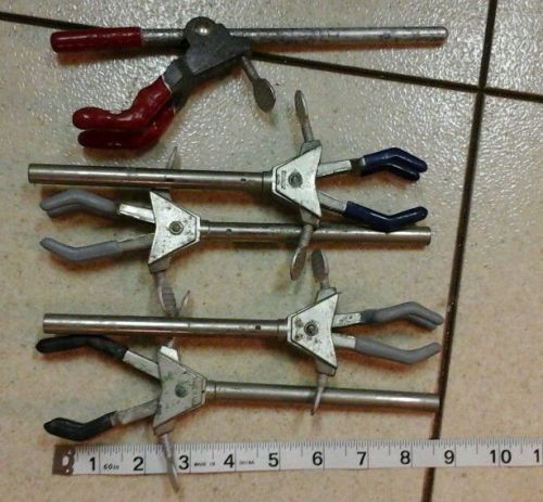 Lot of 5 used 8.5&#034; extension FISHER CASTALOY 3 prong clamp chem lab vintage