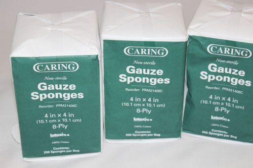 Caring Non-Sterile Gauze Pad Sponge 4&#039;&#039;X4&#039;&#039; 8-ply Latex Free 3 Pack Lot of 200p