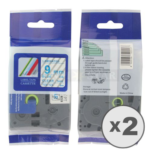 2pk Blue on Transparent Tape Label Compatible for Brother PTouch TZ TZe123 9mm