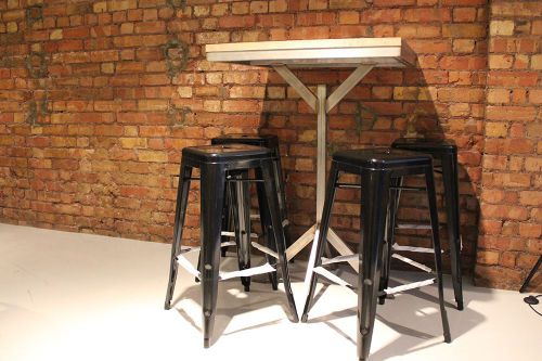 Tall hintell industrial oak and steel table made to order for sale