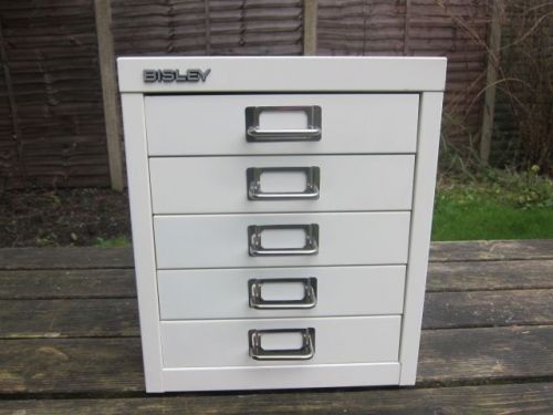 Vtg Bisley Metal Filing Cabinet Industrial Micro 5 draw Retro white office old
