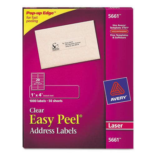 Easy Peel Laser Mailing Labels, 1 x 4, Clear, 1000/Box