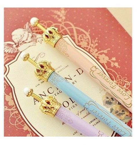 US Lot 3pcs Cute Korean Gold Crown Pearl Ball Point Pens Princess Elegant Royal