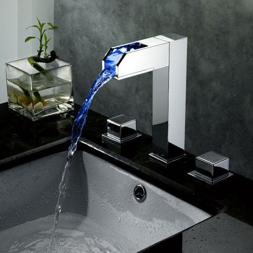 Modern led waterfall double handle bath sink widespread faucet in chrome finish for sale