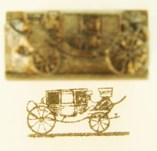 VINTAGE LETTERPRESS ALL-METAL PRINTING BLOCK: FARM EQUIPMENT, FAMILY COACH