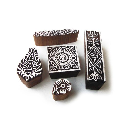 Multi Hand Carved Floral Pattern Wooden Block Tags (Set of 5)