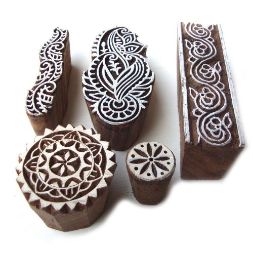 Floral hand carved wooden tags for block printing from india (set of 5) for sale
