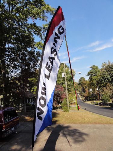NOW LEASING 15&#039; RED WHITE BLUE FEATHER FLAG INCLUDES FLAG POLE &amp; CARRY CASE