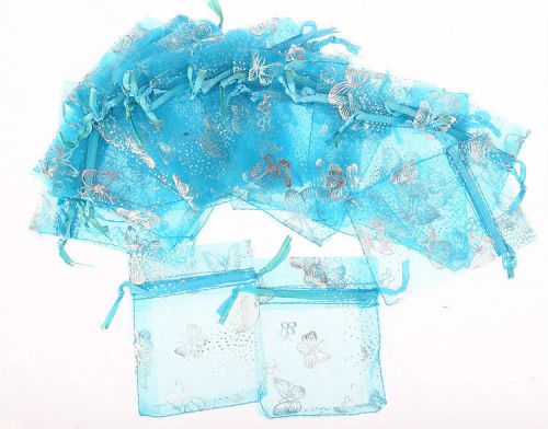 100pcs blue butterfly Gauze Organza Wedding Jewelry Bag party 7x9CM Nice