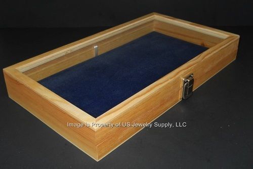 1 Natural Wood Glass Top Lid Blue Pad Display Box Case Medals Award Jewelry