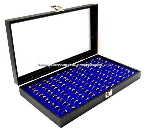Glass Top Lid 72 Ring Blue Jewelry Sales Display Box Storage Case + Bonus Items