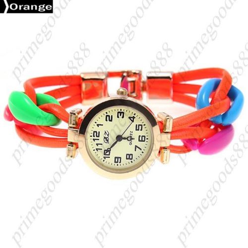 Charm Spaghetti PU Leather Round Analog Quartz Wrist Wristwatch Women&#039;s Orange