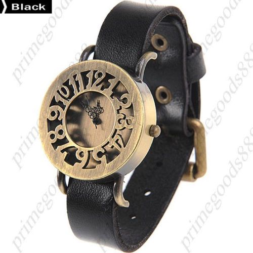 Hollow Out Retro Style Round PU Leather Quartz Wrist Wristwatch Women&#039;s Black