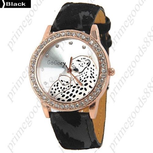 Leopard Rhinestones PU Leather Lady Ladies Wrist Quartz Wristwatch Women&#039;s Black