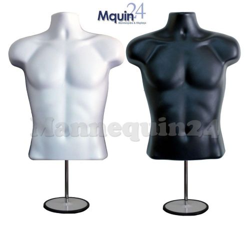 2 pcs- male torso mannequin forms (white &amp; black)+ metal stands &amp; hanging hooks for sale