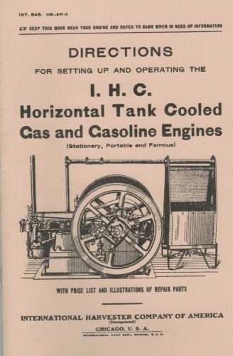 International IHC Horizontal Tank Cooled Gas &amp; Gasoline Engine Directions Book