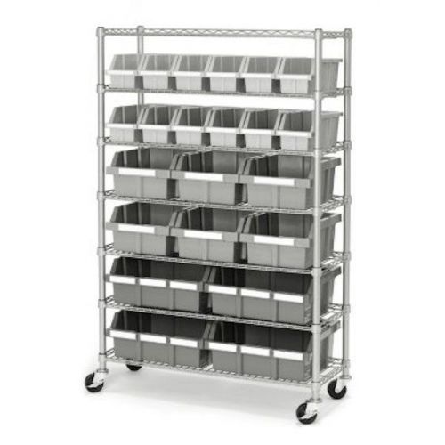 Commercial industrial garage 22 bin rolling rack storage shelving 7 wire shelves for sale