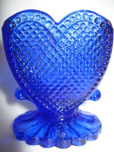 Cobalt Blue glass tabletop toothpick match holder / Heart pattern sweetheart art