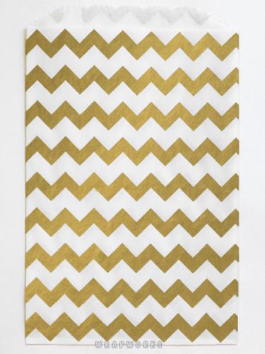 50 Metallic Gold and White Chevron Favor Bags, 5 x 7.5 Inch Flat Paper Bags