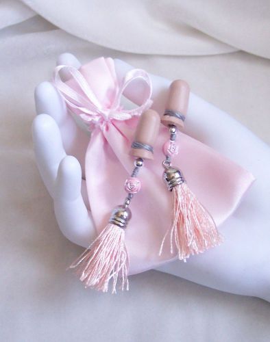 Silky Pale Pink Silver Tassels Rose Beads Sound Reduction Ear Plugs and Bag