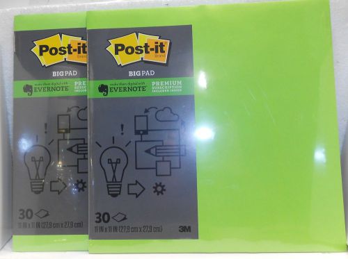 Lot of 2 HUGE! 3M Post-It Evernote Self Stick Notes Big Pad 11&#034;x11&#034; Neon Green