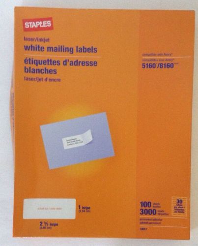 Staples 66 sheets 1980 White Mailing Labels (5160/8160) Laser/Inkjet 1 x 2-5/8