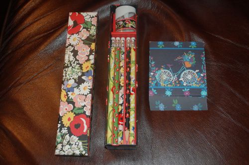 Vera Bradley Poppy Fields Pencil set of 5 Plus box Plus Midnight Blues Paper Pad