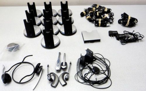 Lot of jabra business telecom headsets + stands &amp; extras for sale