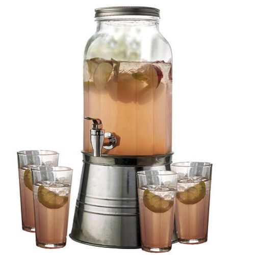 Newport Beverage Dispenser Metal Bucket Glass Jar Indoor Outdoor Cold Picnic