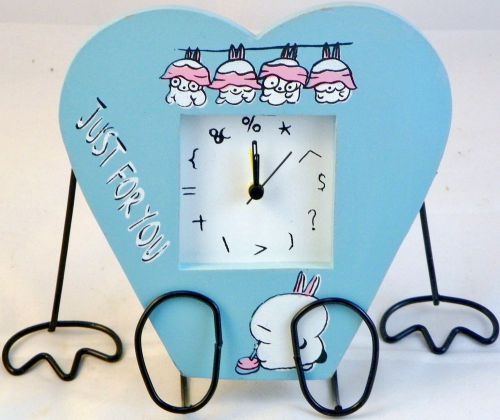 Blue Heart Alarm Clock with bunnies &#034;Just for You&#034;  with black iron stand custom