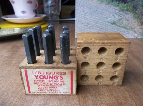 Vtg 1/8&#034; Young Bros. Steel Figure (Number)  0-8 Stamp Set In Original Wood Box