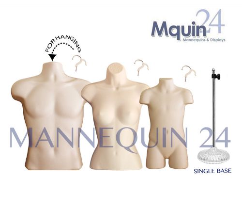 SET OF 3 FLESH MANNEQUINS: MALE, FEMALE &amp; CHILD TORSO FORMS +1 STAND + 3 HANGERS
