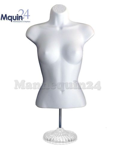FEMALE TORSO MANNEQUIN WHITE w/Beautiful Acrylic Stand + Hanging Hook for Pants