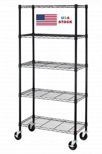 Black 5-Shelf Steel Wire Tier Layer Shelving 78&#034;x36&#034;x14&#034; Storage Rack W/Wheels