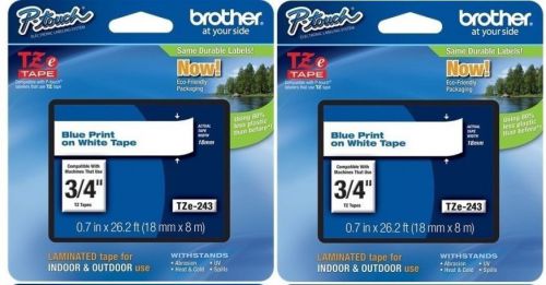 2 Packs - Genuine Brother TZe-243 18mm 3/4&#034; Blue on White   P-Touch TZ tape