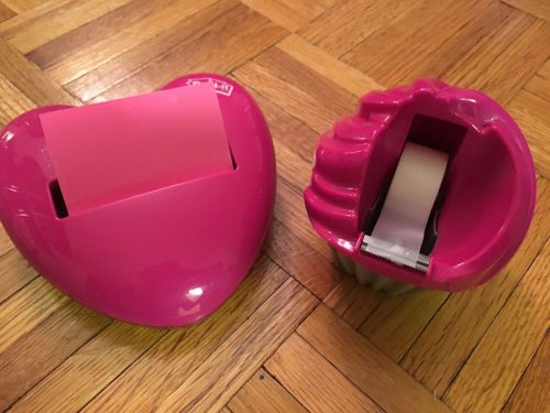 STAPLES Hot Pink Cupcake Tape Dispenser and Heart Post It Dispenser Set