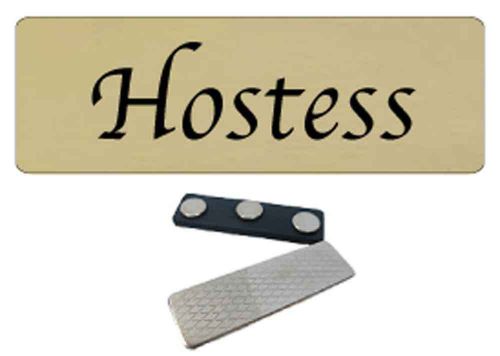 10 GOLD / BLACK HOSTESS NAME BADGE ROUNDED CORNERS STRONG MAGNET FASTENER SALE