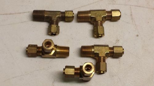 Lot of 5 parker 1/4&#034; mnpt x 1/4 od x1/4 od tube brass tee-align compression-male for sale