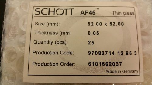 Qty 2 Pack: Schott Glass AF45 Thin Glass 52mm x 52mm x 0.05mm  25 per pack