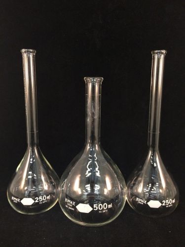 Lot of 3 Kimax Volumetric Glass Flasks 500mL 7-3/4&#034; &amp; (2) 250mL 9-1/4&#034;