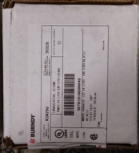 Box of 12 new burndy k2a25u two conductor lugs,14awg,1.47in for sale